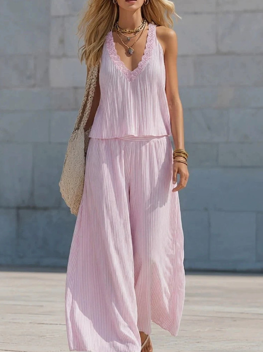 Womens Lace V-Neck Pleated Striped Two Piece Set Loose Wide Leg Pants Suit