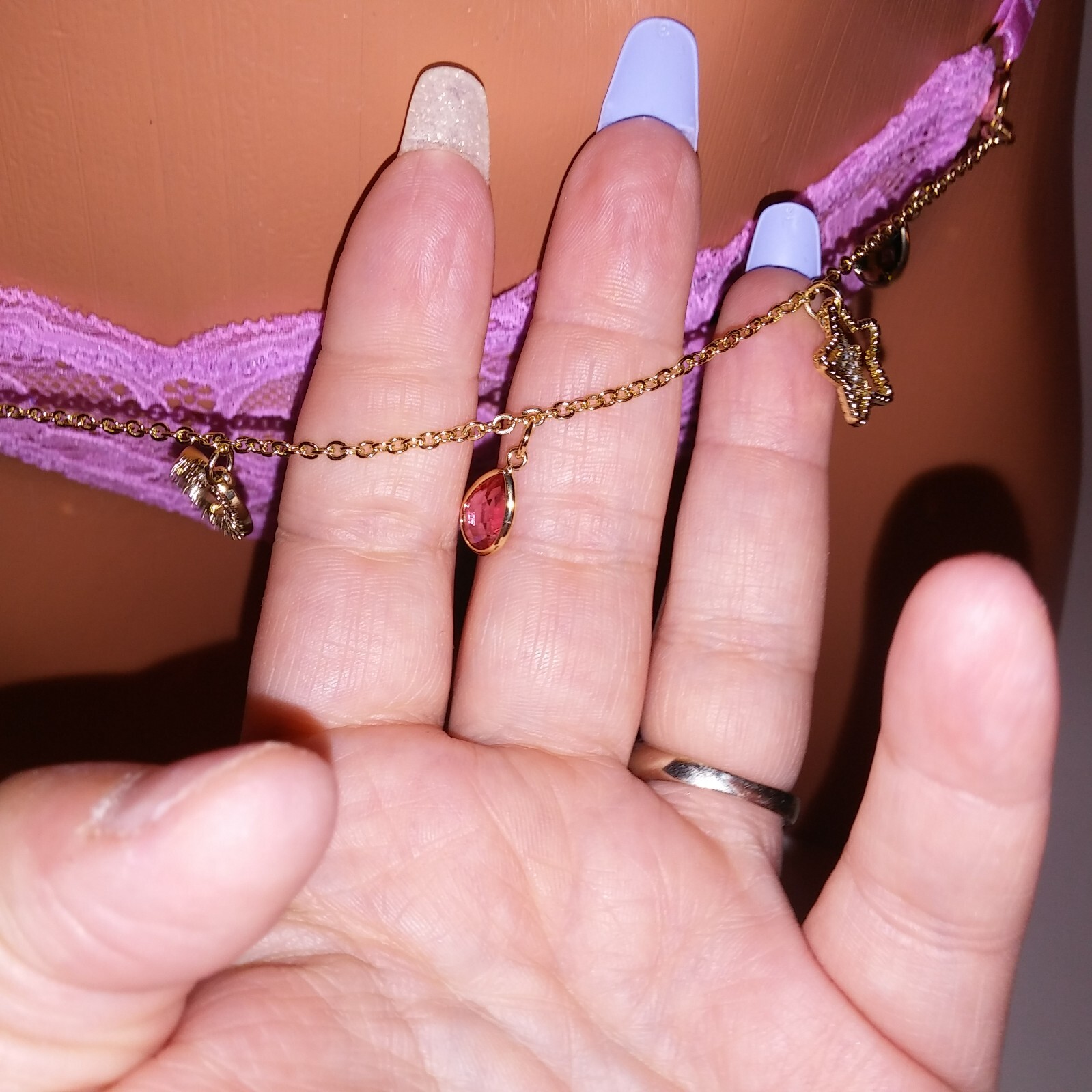 Victoria Secret Panty Thong V String Pinkish Purple Charm Chain Link Lace New