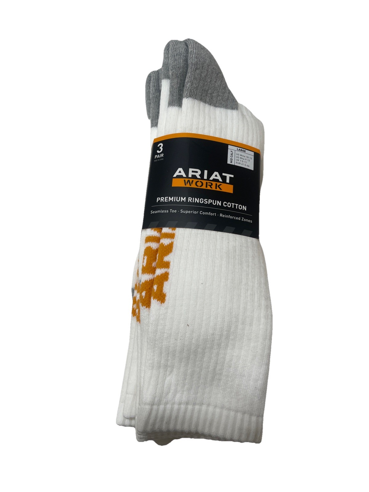 Ariat Premium Ringspun Cotton Crew Work Sock 3 Pair Pack White L