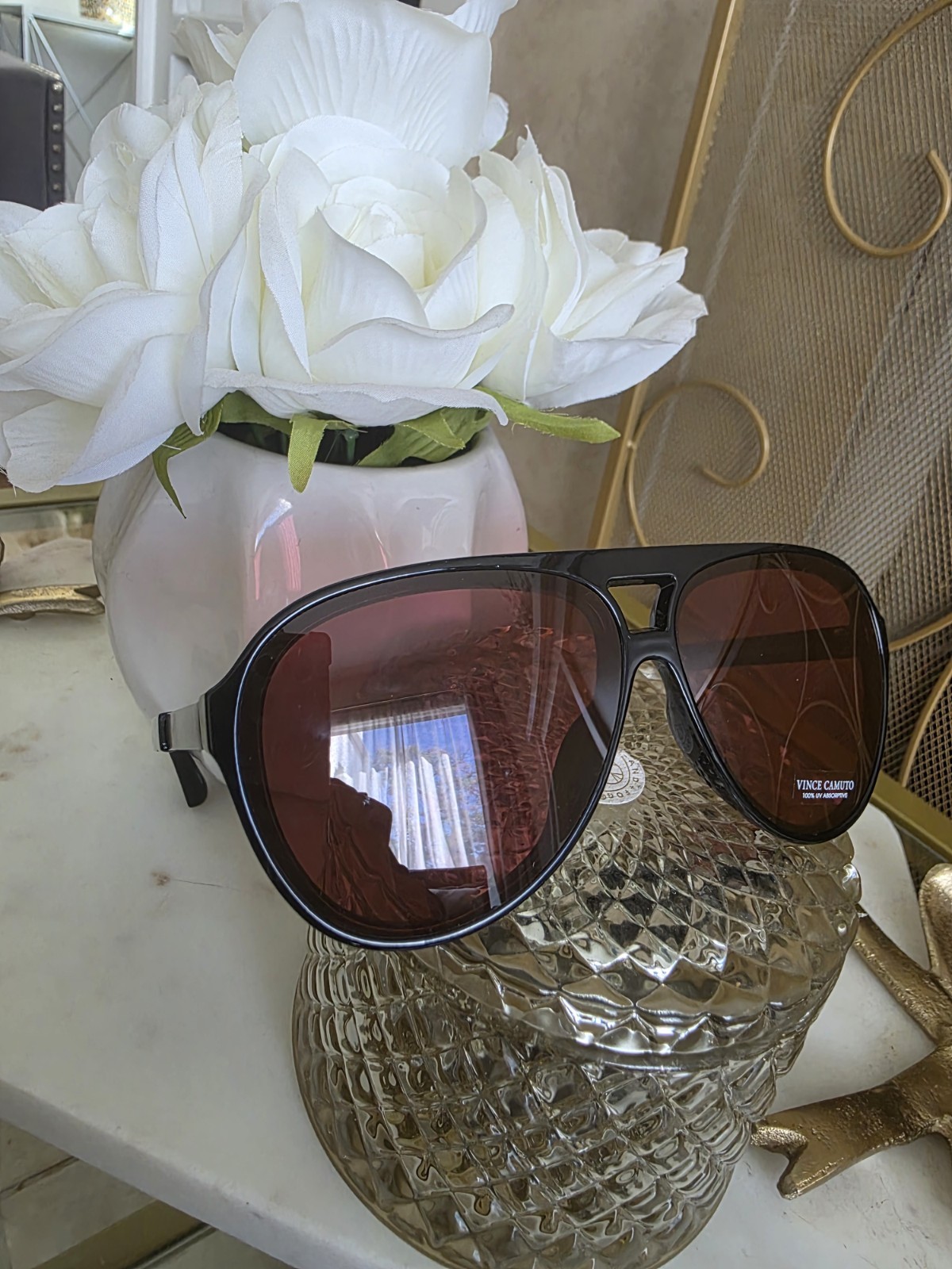 Vince Camuto Women’s Aviator Sunglasses Black Plastic Frame Red Tinted Lens