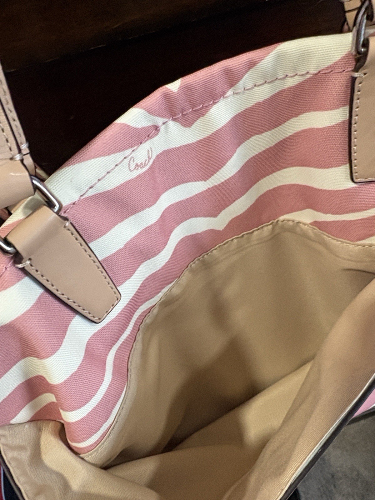 Coach Pink White Zebra Print Tote Bag Zip Closure Double Handles Bag Charm