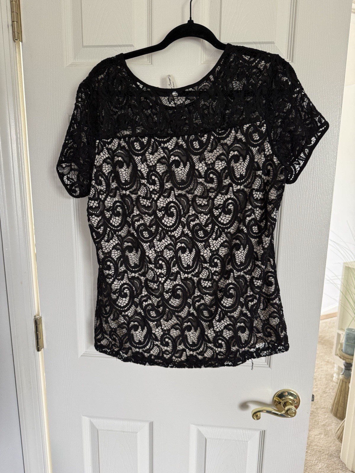 PerSeption Concept Women’s Black Sheer Lace Floral Round Neck Top XL