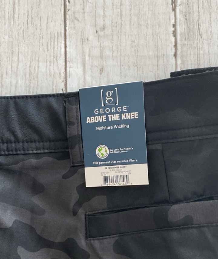George Men’s Commuter Shorts 9” Stretch Twill Media Pocket Black Camo Size 38