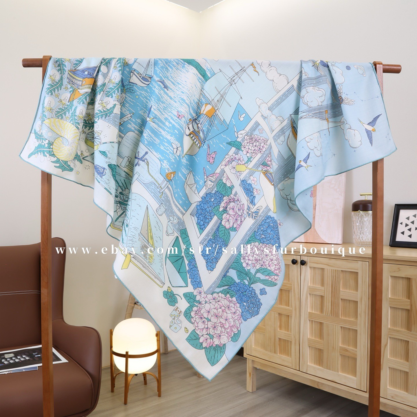 Sallys 70% Cashmere & 30% Silk Wrap Scarf Boat Print Double Face Shawl 53″ Blue