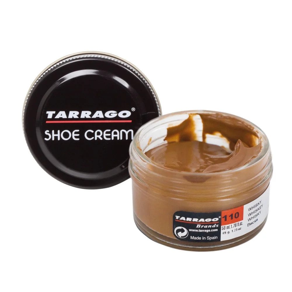 tarrago shoe cream, 110 whiskey, 1.7 ounce glass jar, leather care and shine