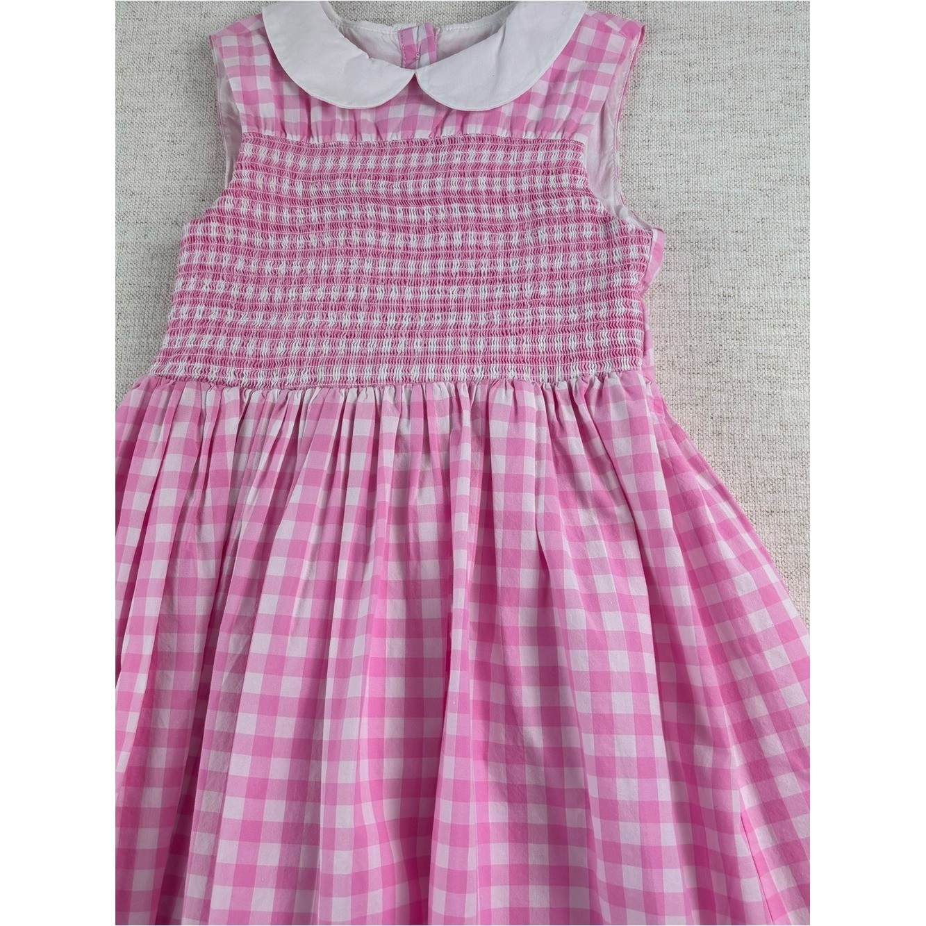 Janie and Jack girls 7 Pink Gingham Sleeveless Smocked Dress Peter Pan Collar
