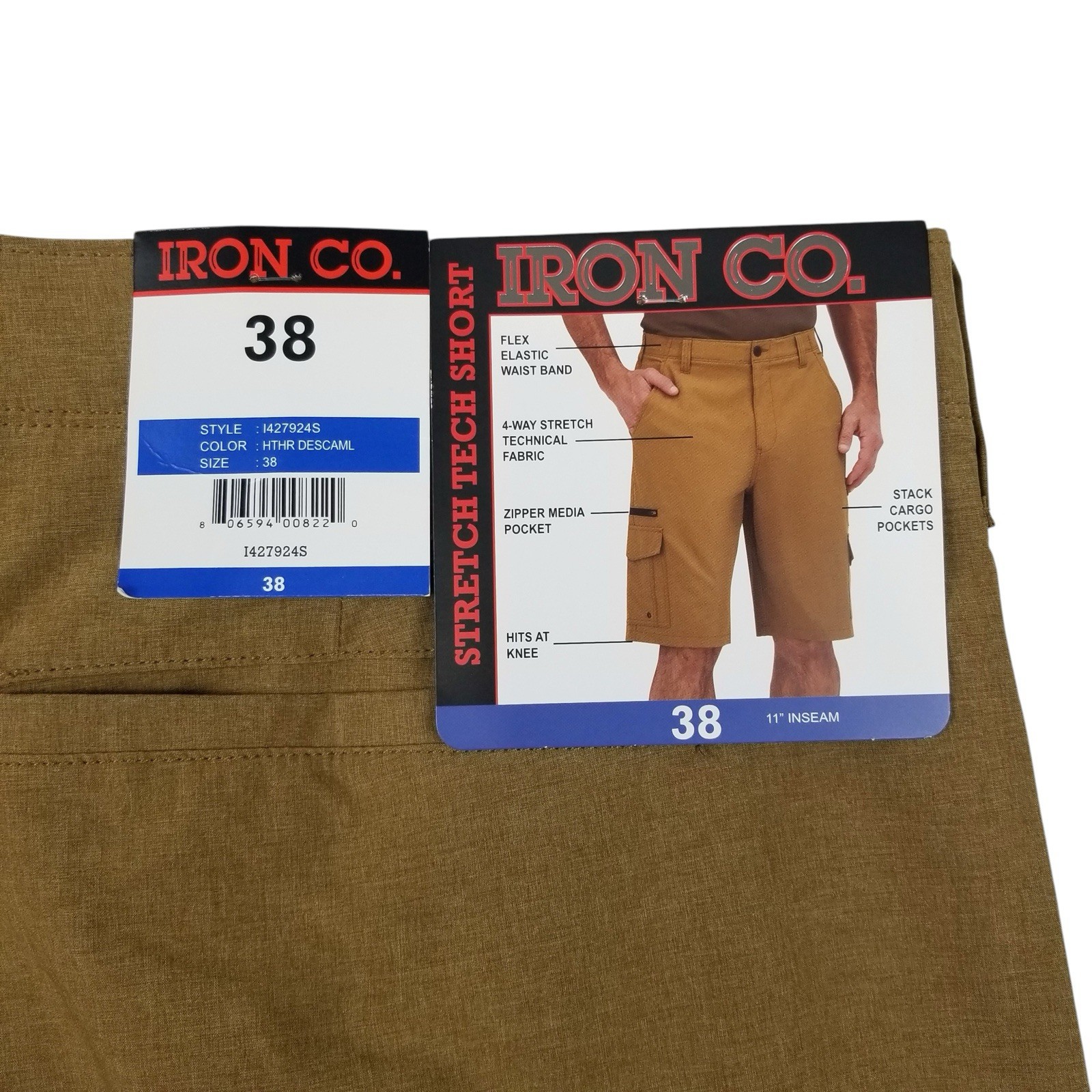 Iron Co Men’s Stretch Tech Shorts with Cargo Pockets Size 38 Camel Color