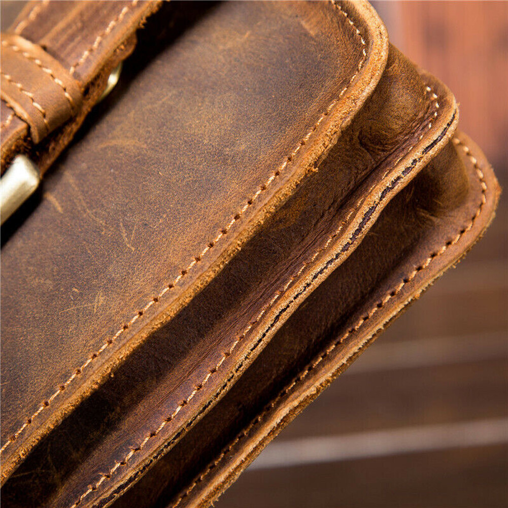 Crazy Horse Leather Men Small Waist Bag Pouch Hook Fanny Waist Belt Pack#