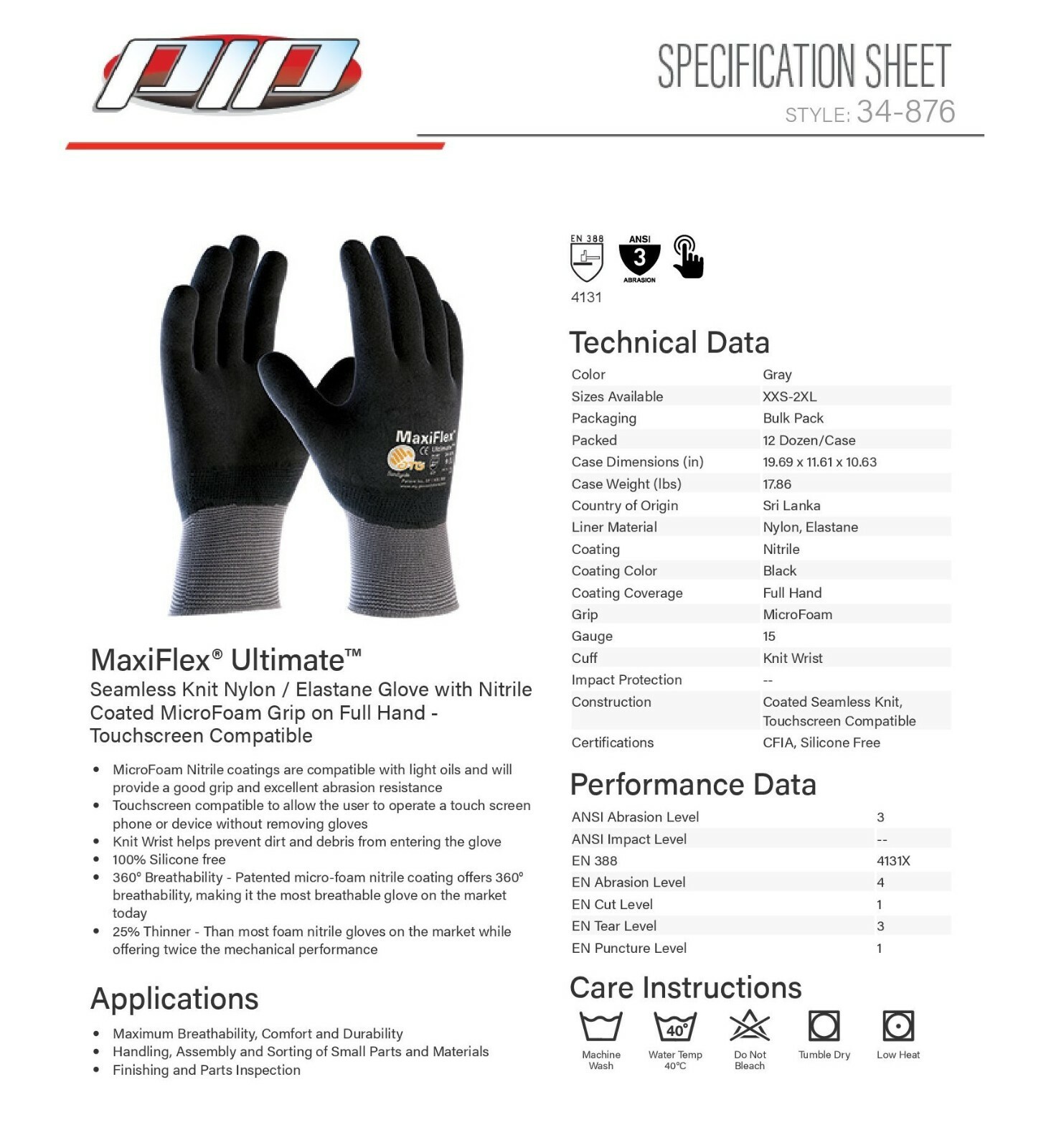 34-876 MaxiFlex Full Palm Coated Micro Foam Nitrile Grip PROTECTIVE WORK GLOVES