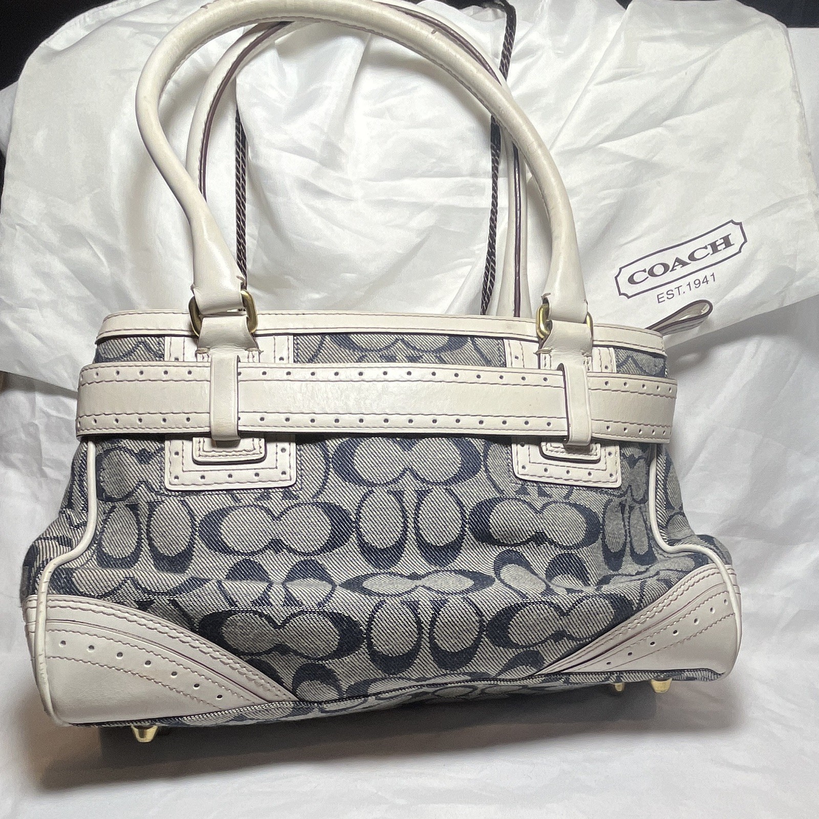 Coach Signature Logo Satchel Shoulder Bag, Blue/White, Tassel Charm, Zip