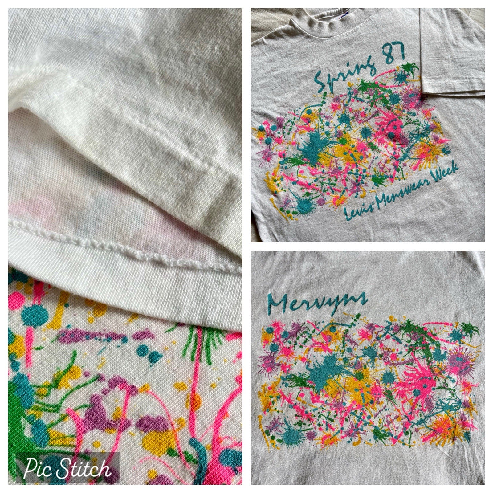 Vtg 1987 Levis Menswear Week Tshirt Mervyns Promo Neon Splatter Single Stitch XL