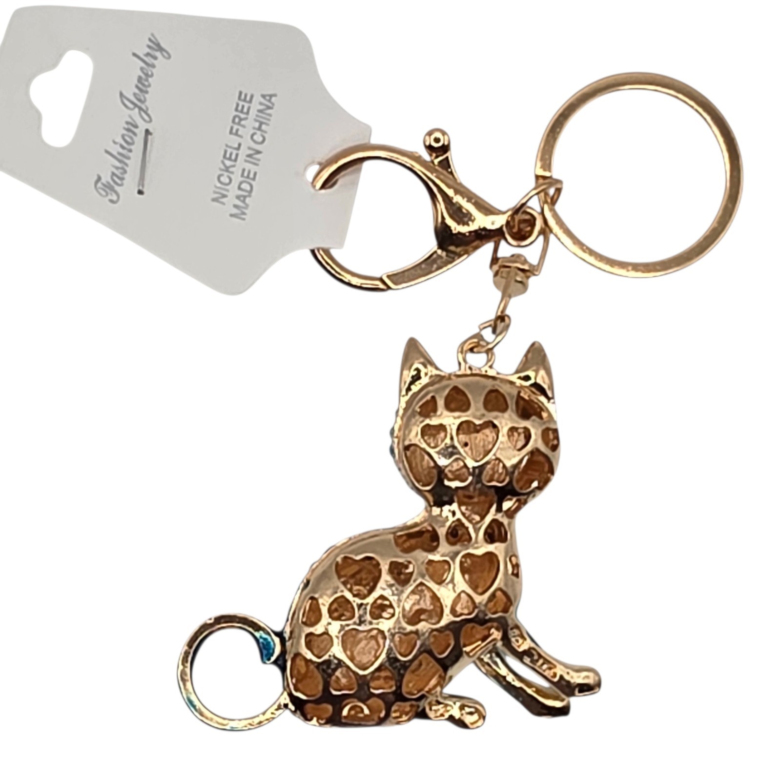 Fashion Jewelry Rhinestone Cat Key Chain Keyring Bag Charm Gold Tone Blue 2 in