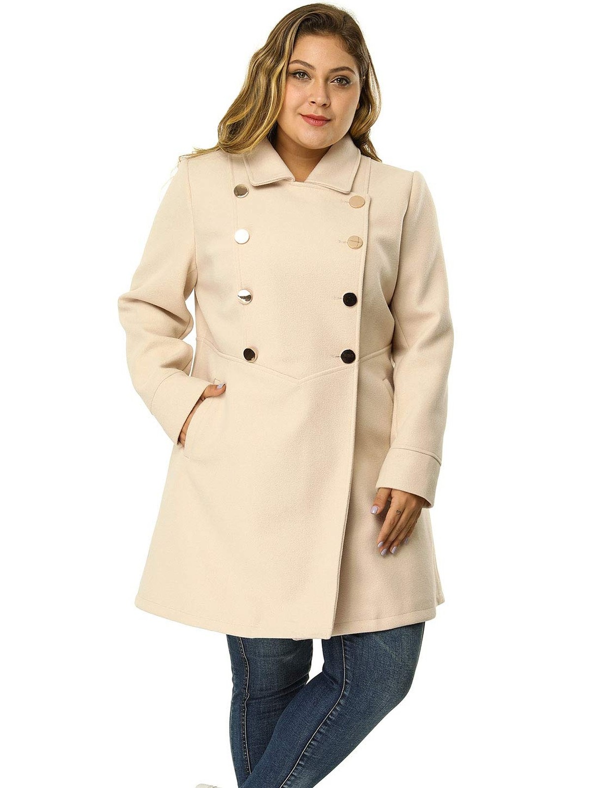 Agnes Orinda Women’s Plus Size Coat A-Line Peter Pan Collar Double Breasted F…