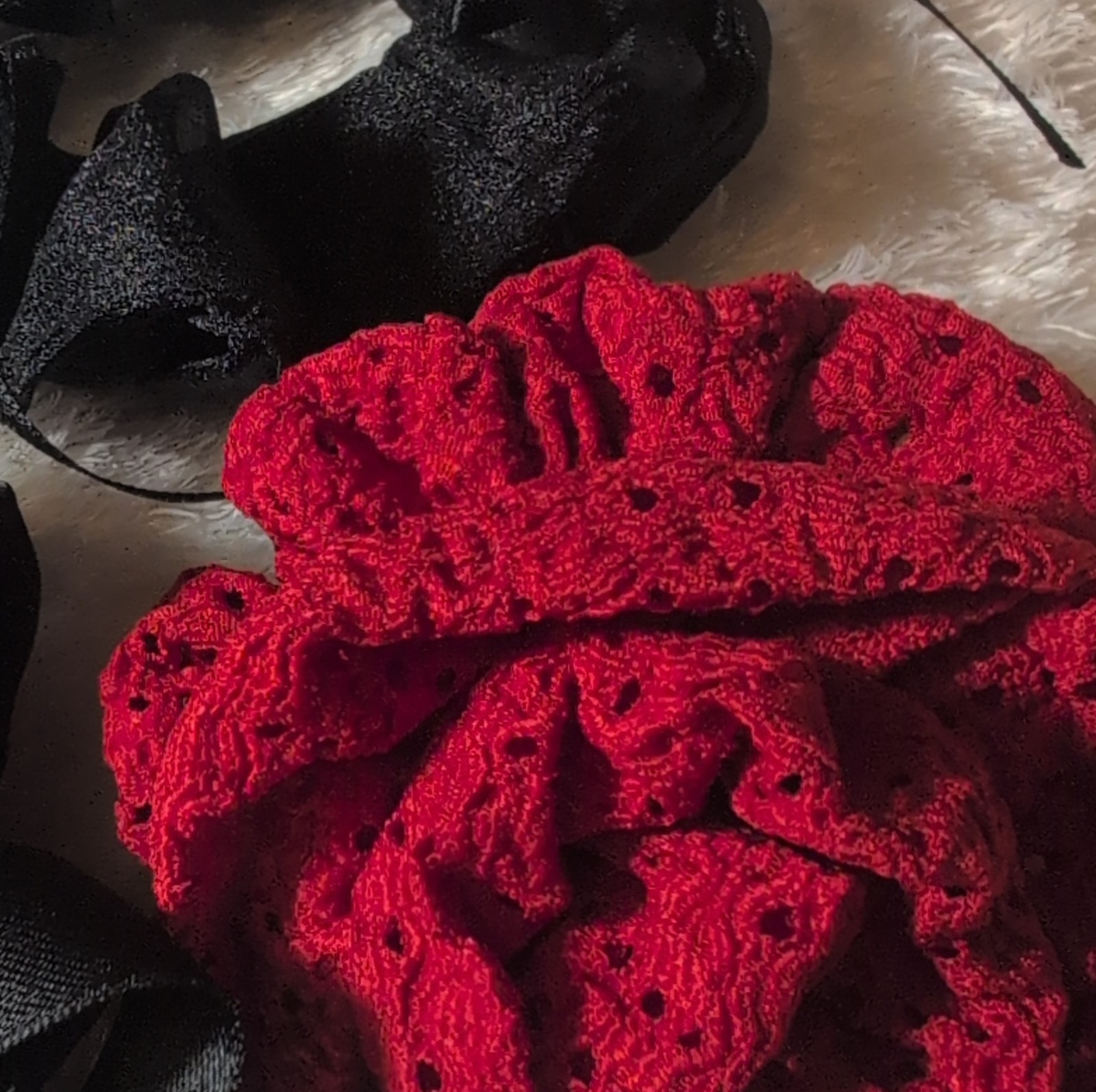 Black Red Satin Fabric Hair Ties Set with Bow and Beaded Accents