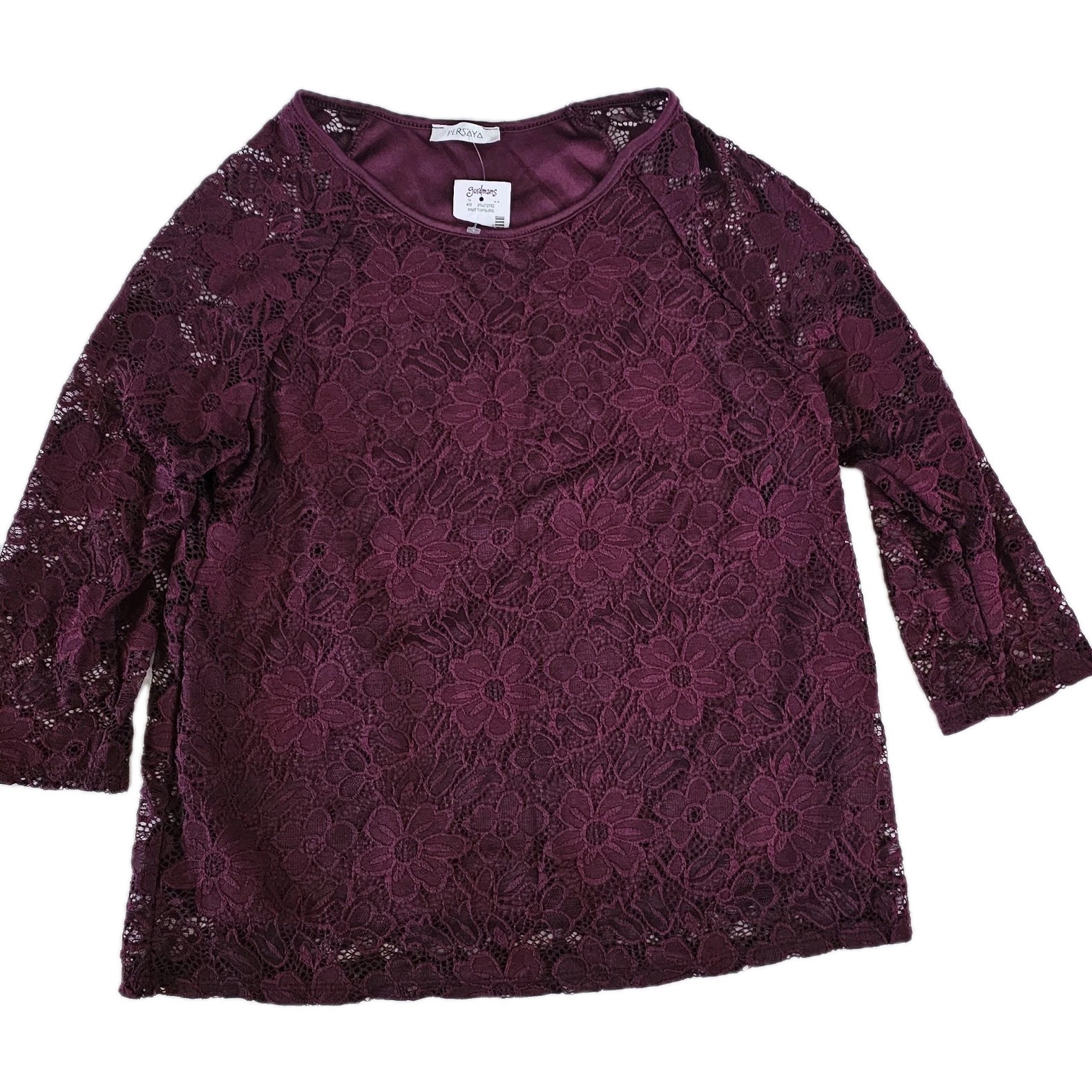 Persaya Womens Blouse Burgundy Floral Lace 3/4 Sleeve Sz L NEW