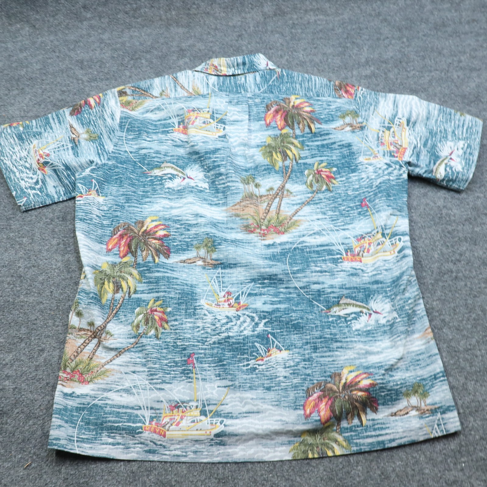 Reyn Spooner Shirt Mens XL Blue Pullover Hawaiian Boats Fishing Short Sleeve