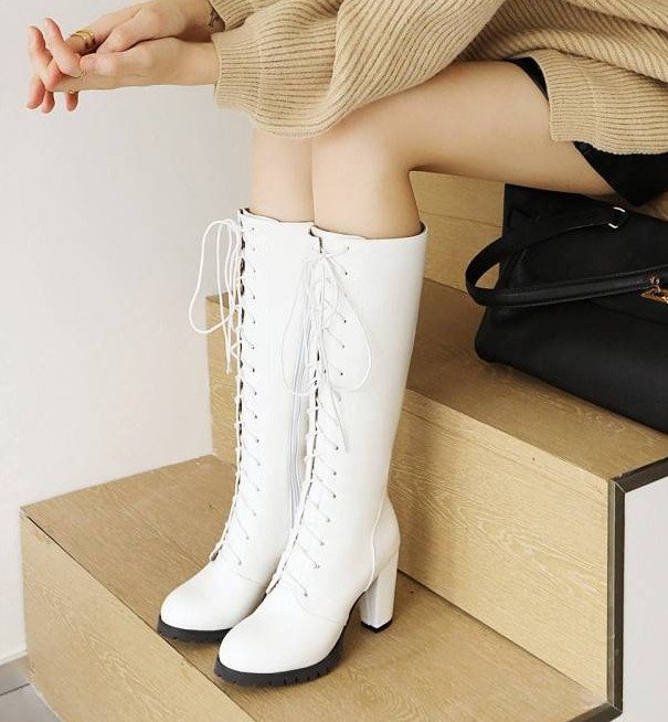 Women’s Round Toe Lace Up Knee High Boots Block Heels Side Zipper Fashion Shoes