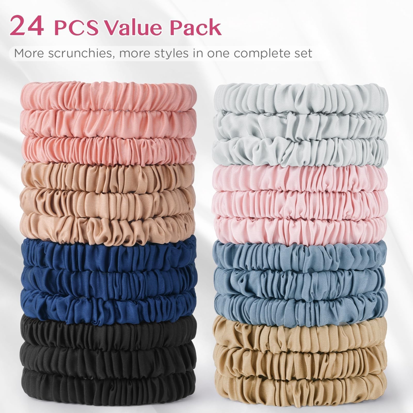 24 Pack Soft Silk-Like Hair Ties, No Damage Scrunchies for All Hair Types