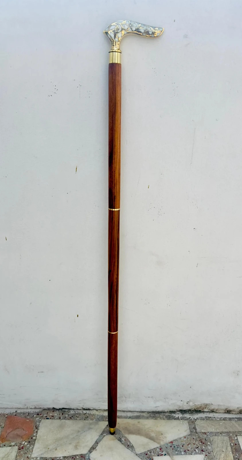 Handcrafted Floral Brass Cane Handle – Vintage Decorative Walking Stick Top