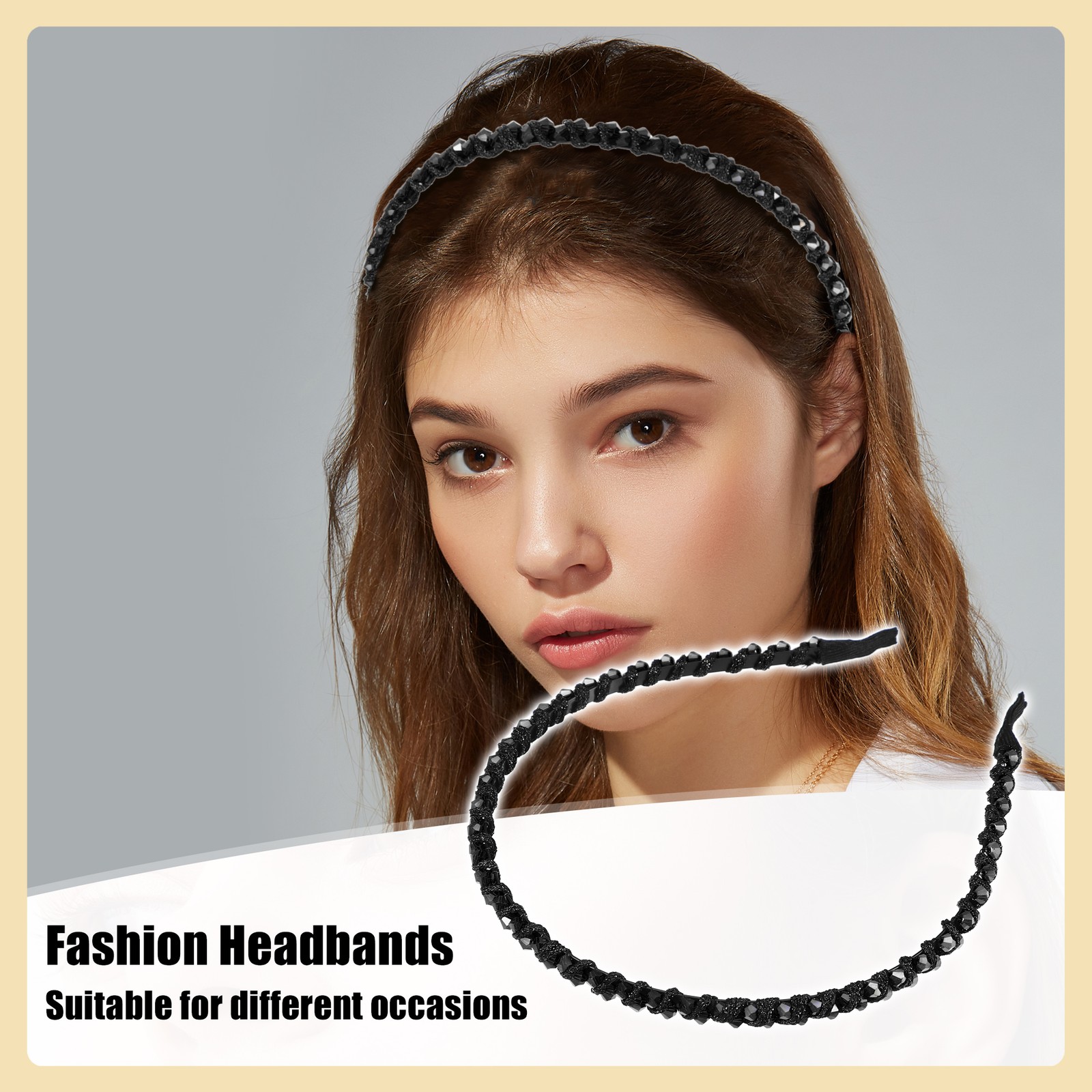 1 Pcs Rhinestone Hair Hoop Headband Thin Hairband for Women Black 0.24“ Wide