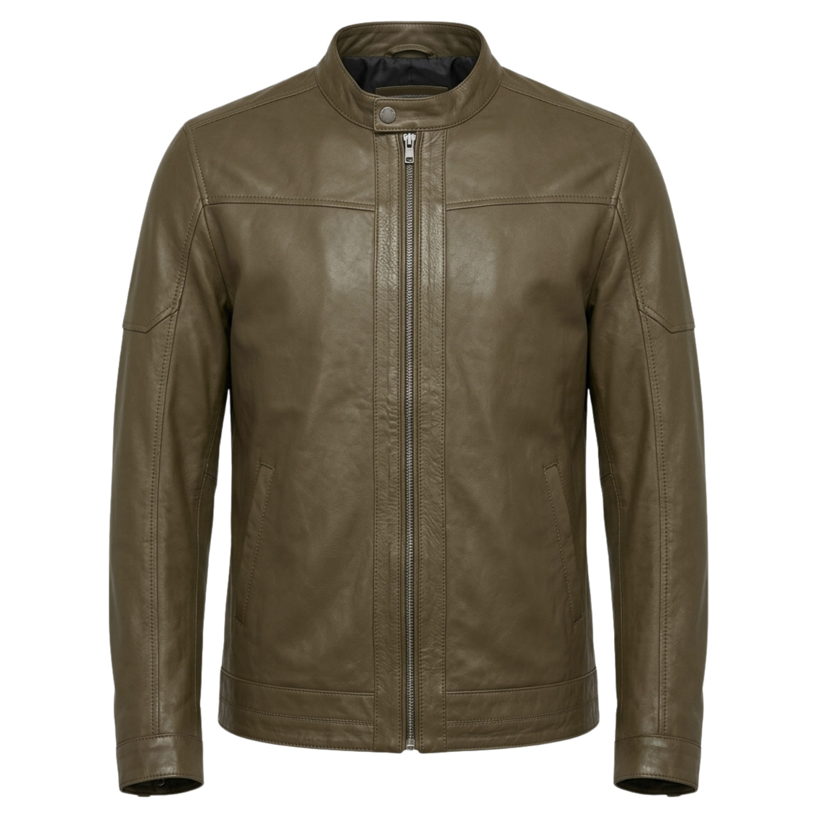 Men’s Khaki Tan Leather Jacket – Slim Fit Cafe Racer Biker Jacket