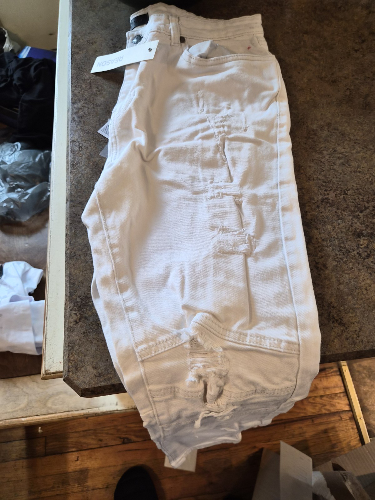Reason Brand Men’s Skinny White Distressed Denim Jeans 5-Pocket Button