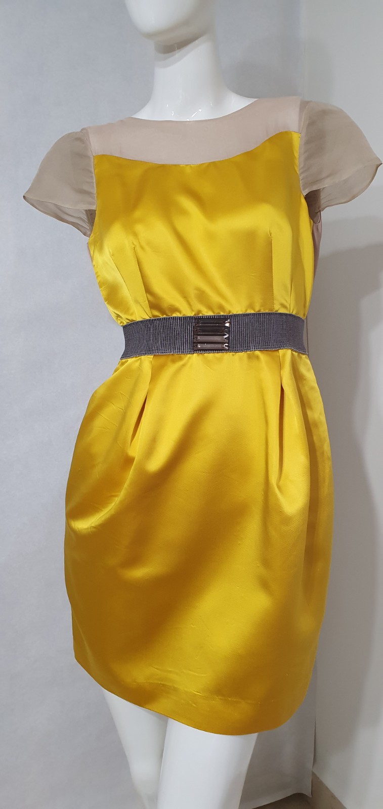 Valentino Roma Yellow Satin Cocktail Dress Crystal Belt IT 40 US 4 Made in Italy