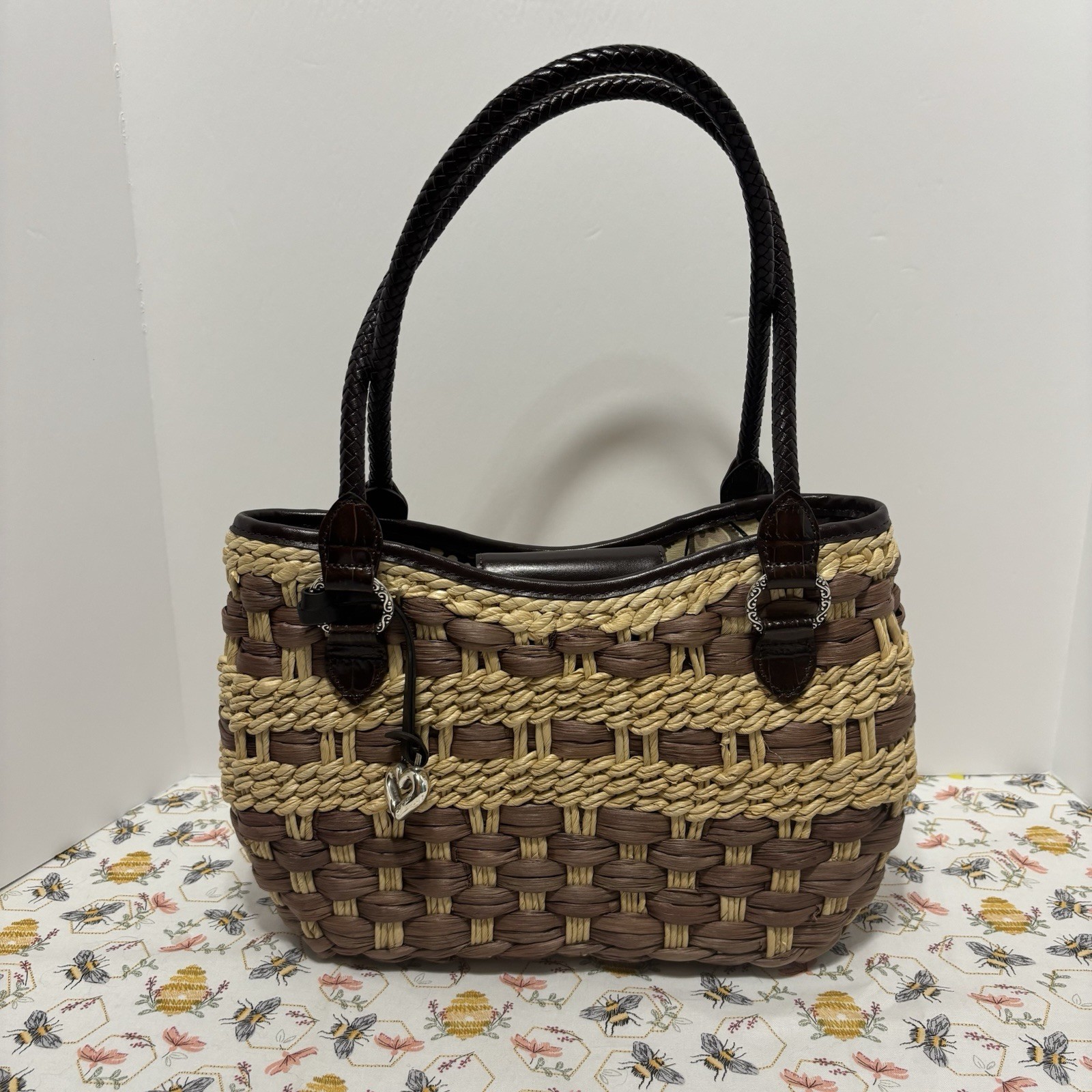 Brighton Brown Beige Woven Tote Bag Heart Charm Magnetic Closure Lined Pockets