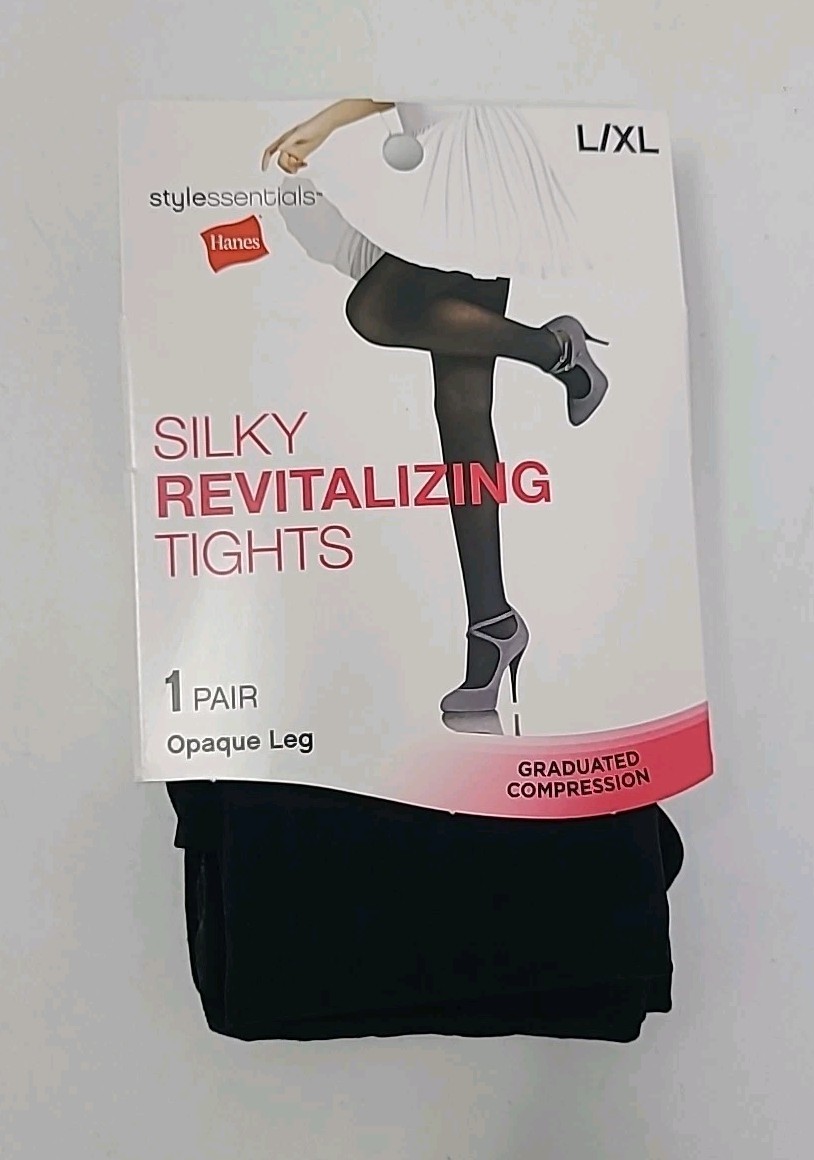 Hanes Silky Revitalizing Tights Opaque Leg L/XL Black Graduated Compression x3