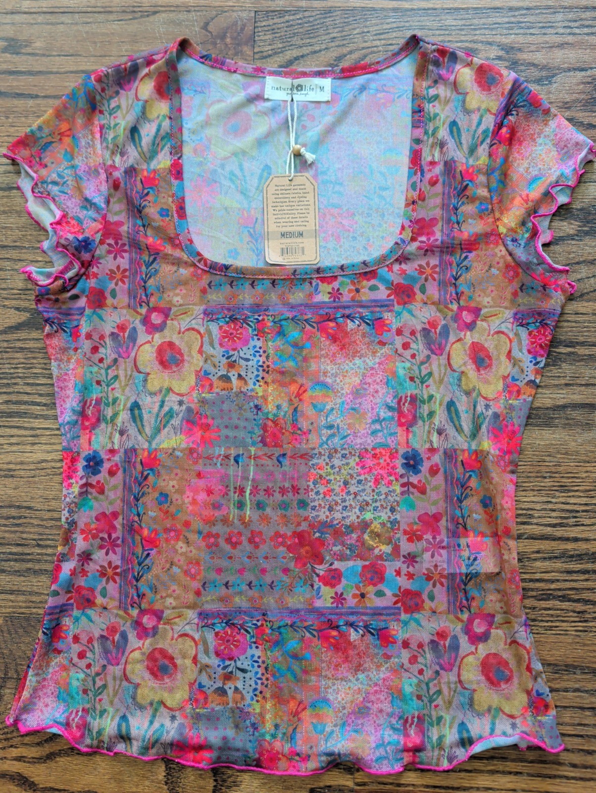 NWT Natural Life Carina Mesh Floral Colorful Sheer Short Slv Square Neck Top M
