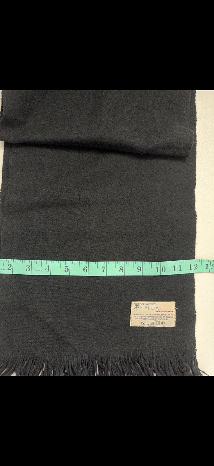 St Albans Pure Lambswool Scarf Black Fringe Made in Australia Soft Wool 12×72