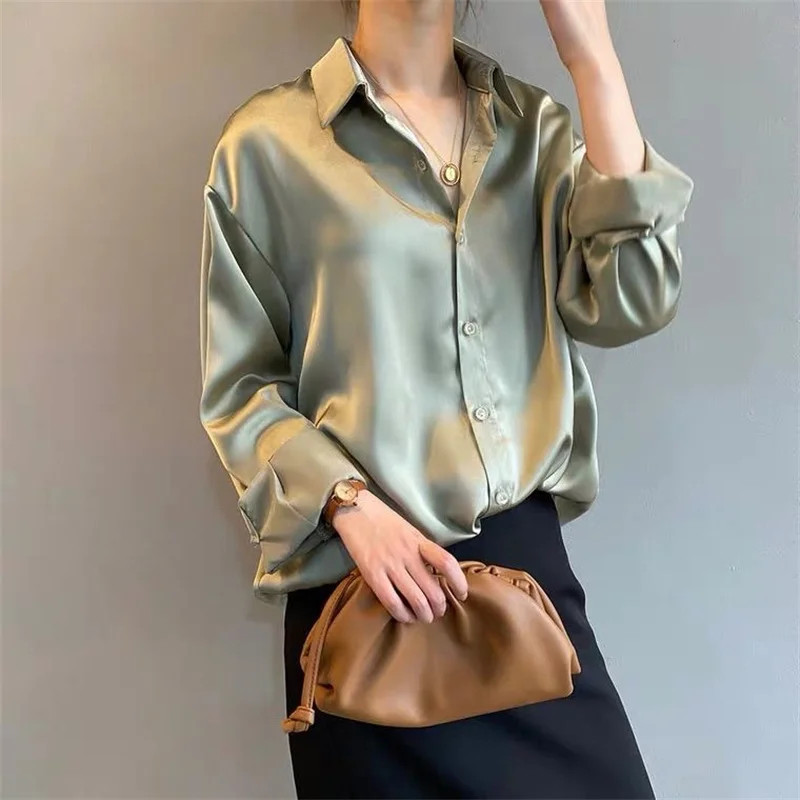 Women Silk Shirt New Vintage Fashion Solid Button Up Long Sleeves Blouse Tops