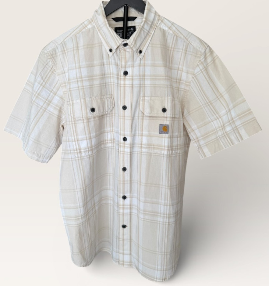 Carhartt Shirt Mens M Beige White Outdoor Button Up Loose Fit Plaid Work Shirt