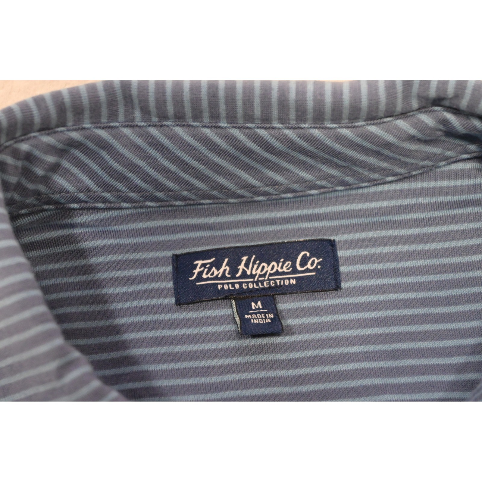 Fish Hippie Co Polo Shirt Mens Medium Blue Striped Pima Cotton Stretch Excellent
