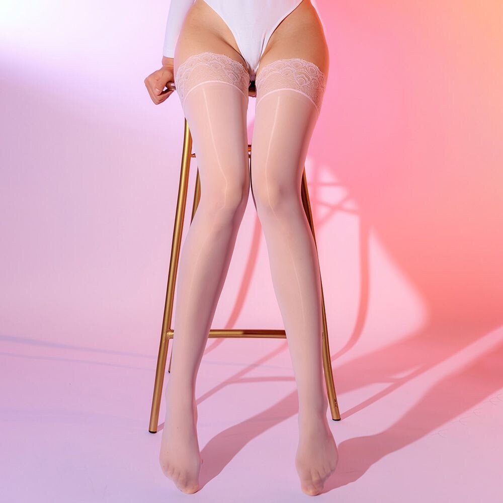 Womens Oil Shiny Glossy High Stockings Lace Silicone Stay Up Thigh-Highs Hosiery