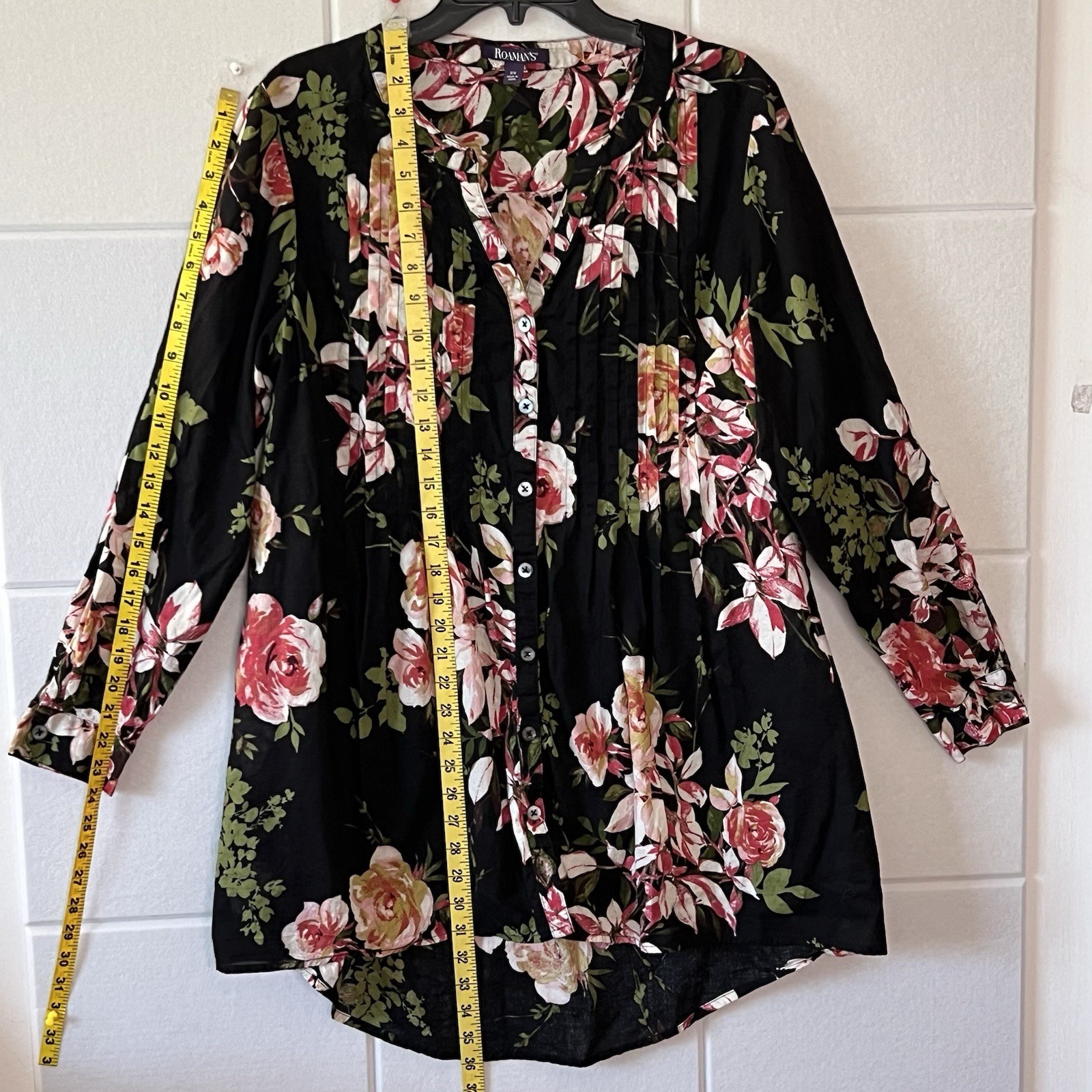 Roman’s Women’s Tunic Blouse Size 18 Extra Large Roll Tab Sleeve Floral Pink