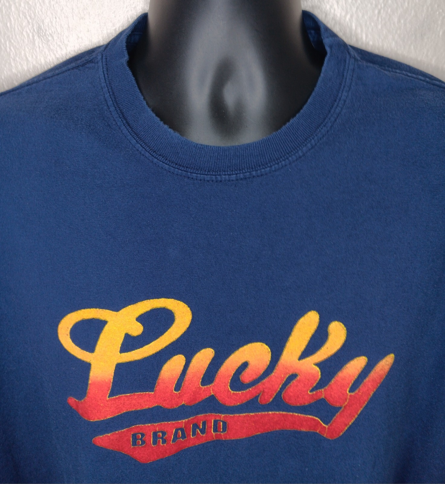 Vintage 90s Lucky Brand Knit Wear Men’s Large T-shirt Flocked Spell Out Navy USA