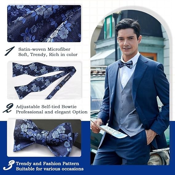 Bow Ties for Men Floral Bowties Mens Self Tie Bow Tie Handkerchief Jacquard Wove