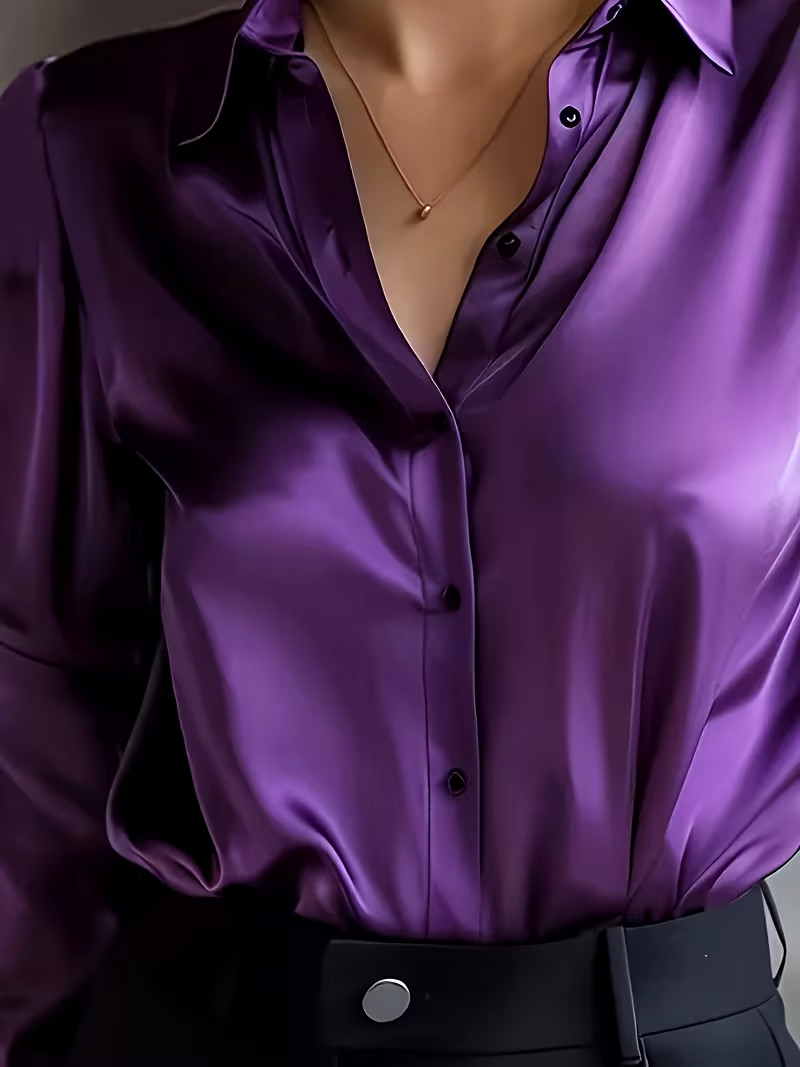 New Classy Elegant Silky Sensuous Purple Satin Long Sleeve Blouse Plus 2XL NEW