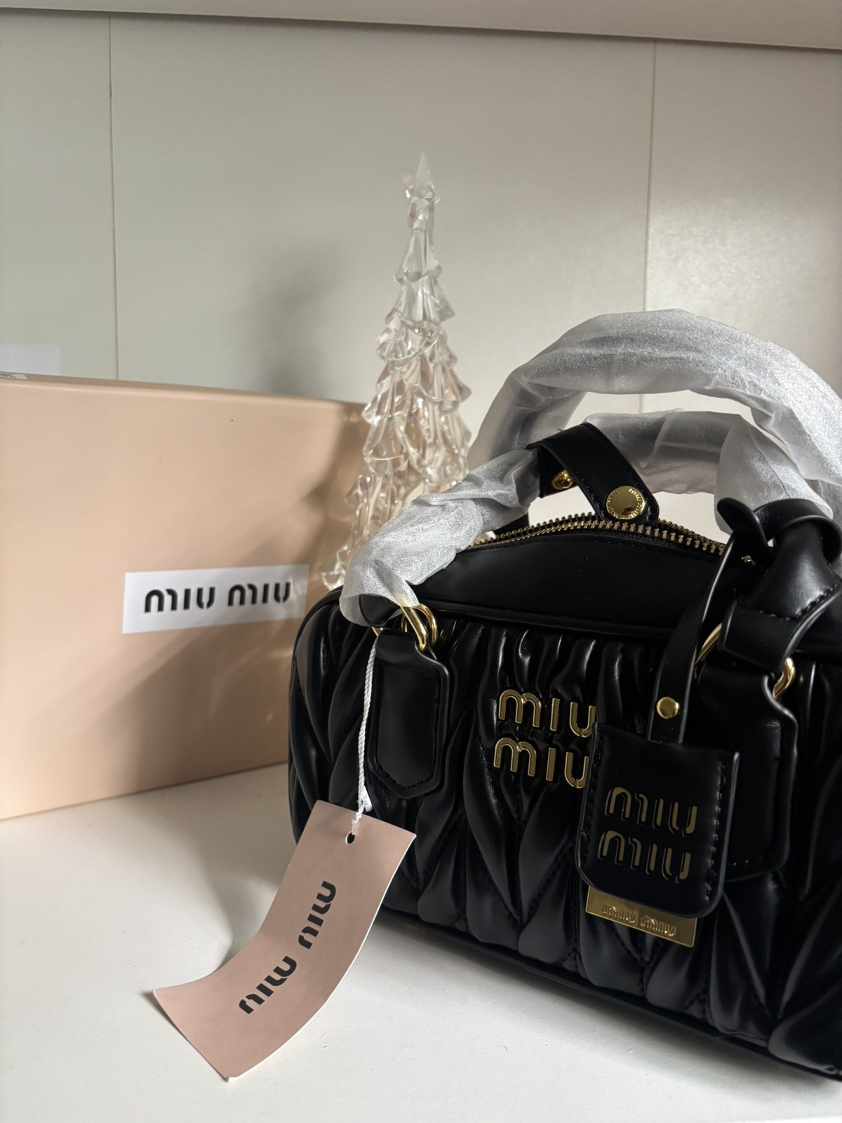 Miu Miu Black Quilted Mini Crossbody Top Handle Zip Bag, Gold HW, Charm
