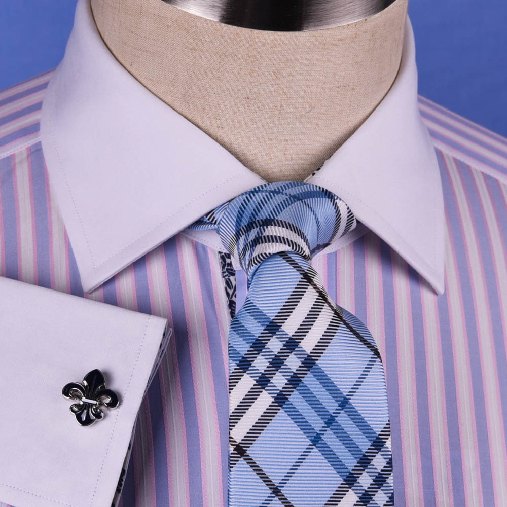 Pastel Multi-Colored Striped Dress Shirt White Poplin Contrast Cuff Business Top