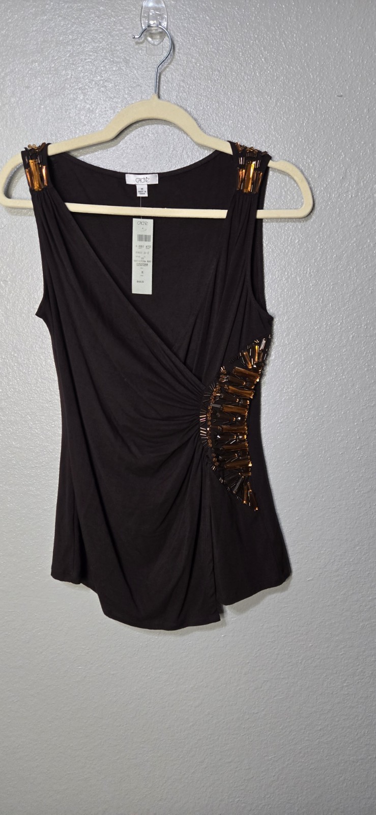 Cache Brown Asymmetric beaded Woman’s Top NWT Y2K size M