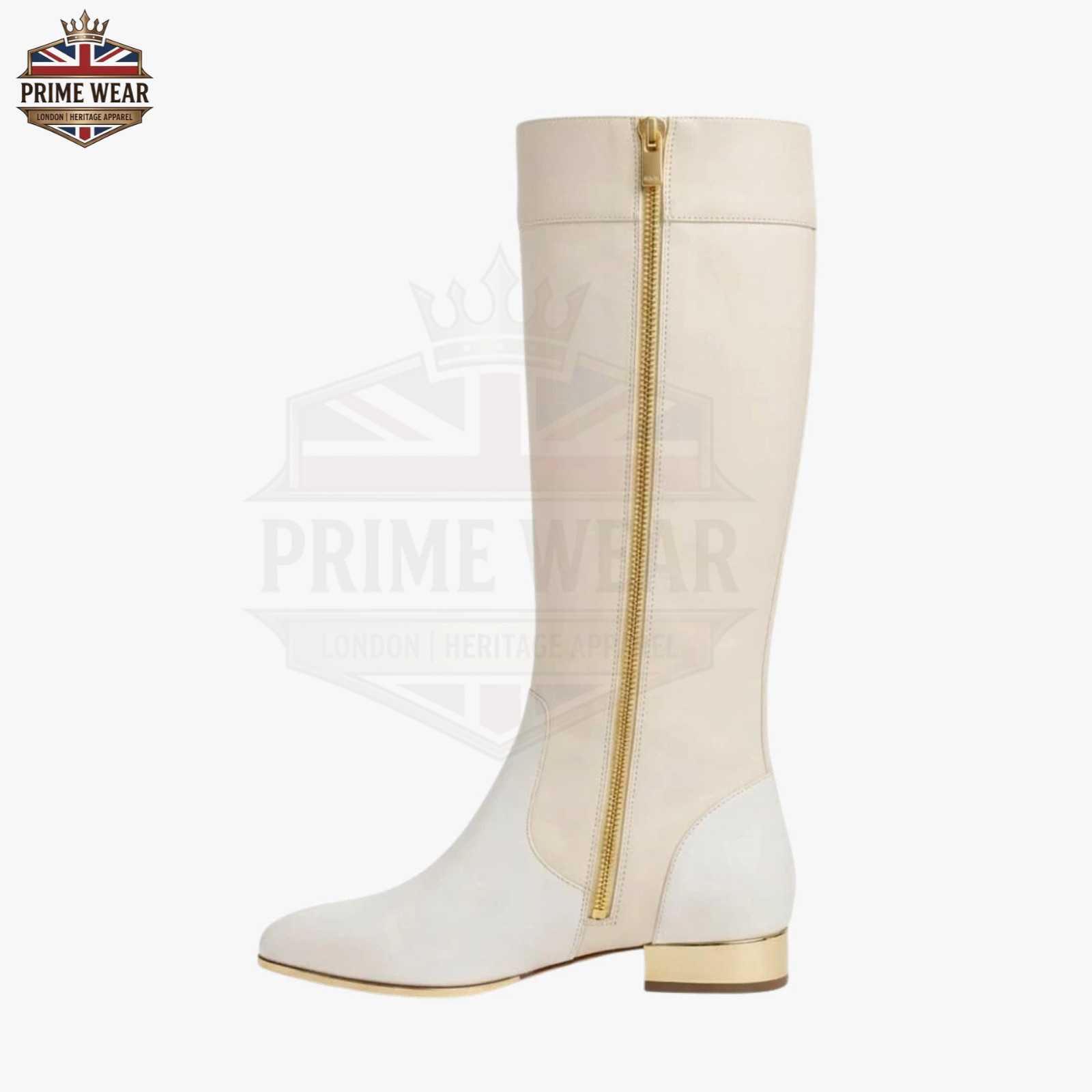 Womens Ivory Genuine Leather Knee High Riding Boots Gold Zip Buckle Equestrian