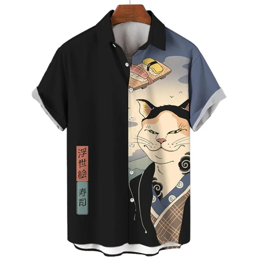 Fashion Men’s Clothing Cool Samurai Cat Tops Summer New Men’s Clothing Casual