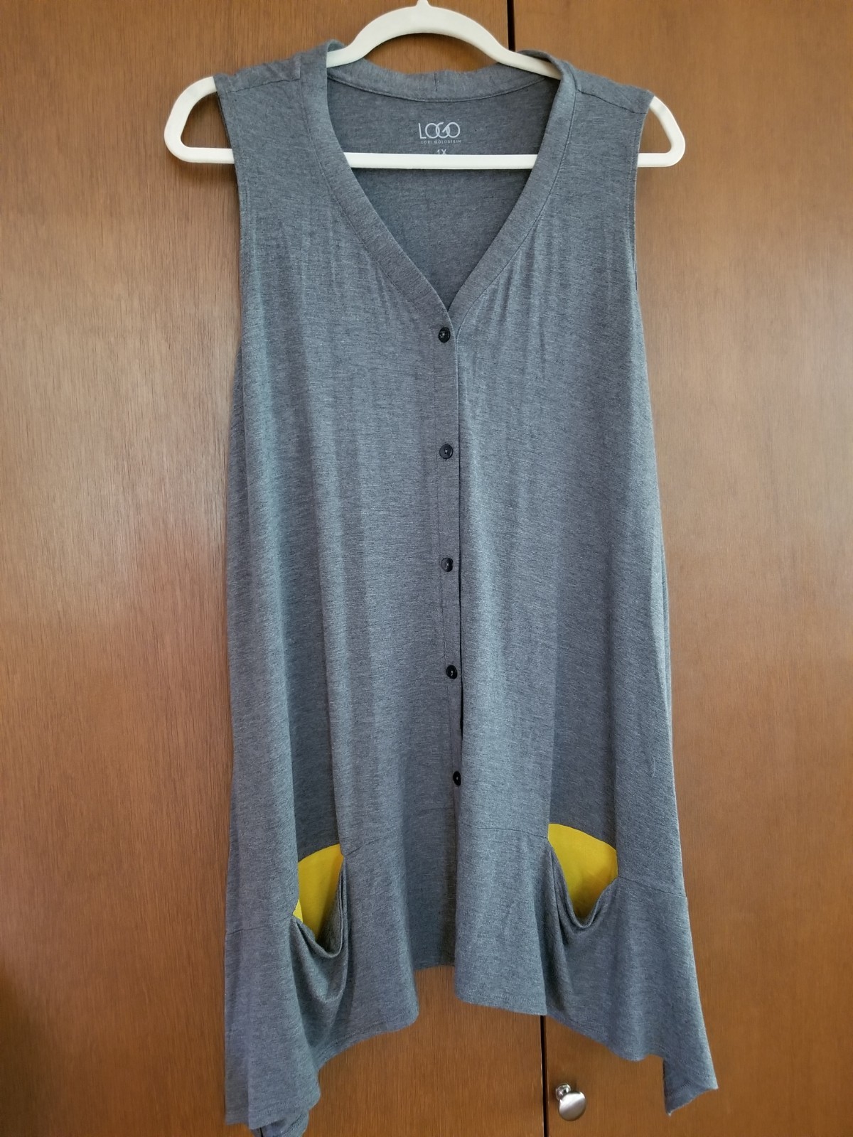 LOGO Lori Goldstein V-Neck Button Front Sharkbite Vest, Gray, Women’s Plus Size