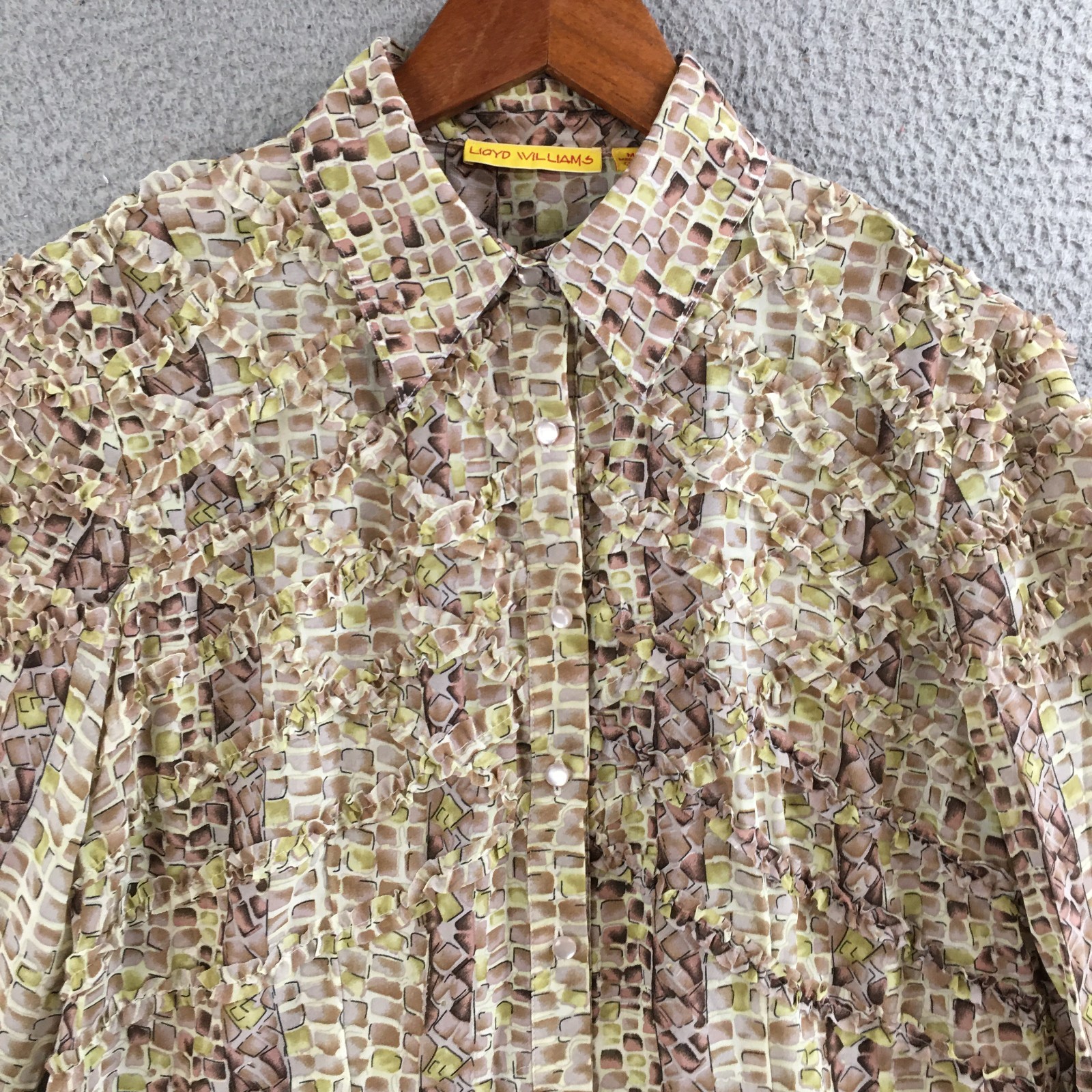 Lloyd Williams Blouse Womens Medium Abstract Print Ruffle Button Up Brown Green