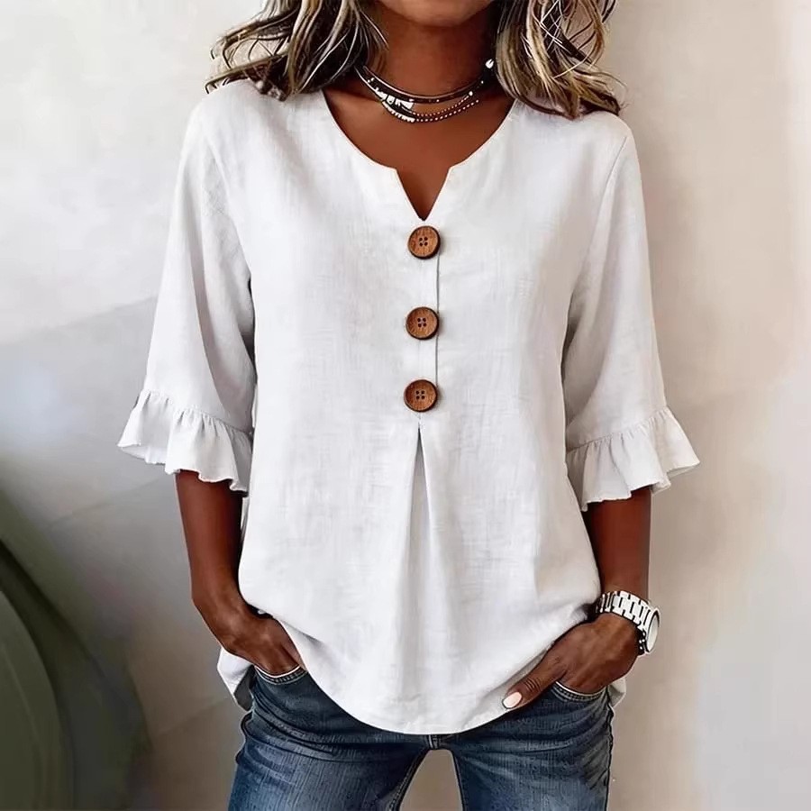Summer Ruffled-Sleeve Top Loose Casual V-Neck Buttons Short-sleeved Shirts Women
