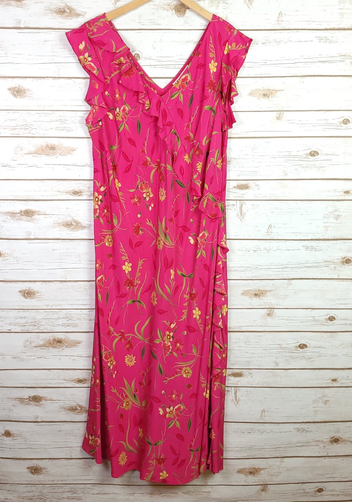 Vtg Diane Von Furstenberg Silk Assets Dress 1X Pink Floral Ruffled Midi