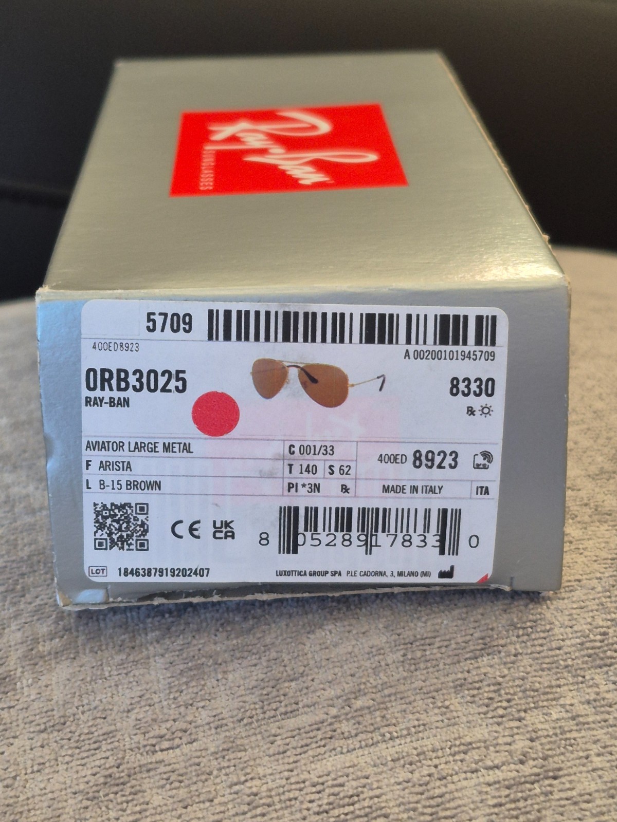 ray ban aviator large metal gold frame B-15 brown lenses 62mm