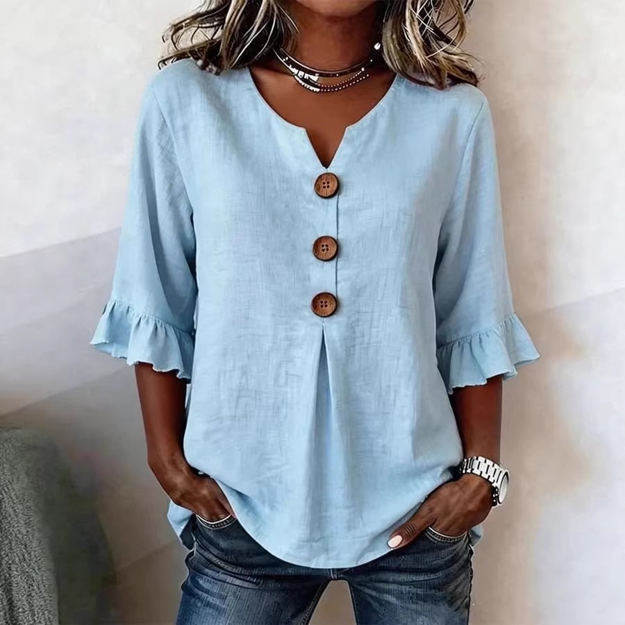 Summer Ruffled-Sleeve Top Loose Casual V-Neck Buttons Short-sleeved Shirts Women